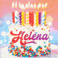 Personalized for Helena elegant birthday cake adorned with rainbow sprinkles, colorful candles and glitter