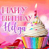 A vibrant birthday GIF featuring a rainbow-colored cupcake topped with white frosting, sprinkles, and a lit candle. The text reads 'Happy Birthday Helga' in bold pink and violet letters with white outline.
