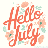 A beautifully designed 'Hello July' text in a handwritten style, surrounded by delicate pastel flowers and leaves on a soft background.