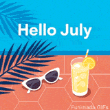 Flat vector art showing a terracotta tiled poolside next to blue water. White sunglasses and a glass of iced lemonade sit under palm leaves. White text reads Hello July.