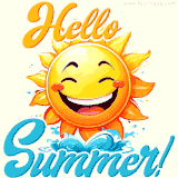 A cute animated sun splashing in waves with the text 'Hello Summer!' in bright orange and blue.