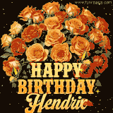 Animated bouquet of orange roses with moving butterfles and golden 'Happy Birthday Hendrix' text, surrounded by sparkling accents and a dark backdrop for a luxurious feel.