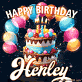 Hand-drawn happy birthday cake adorned with an arch of colorful balloons - name GIF for Henley