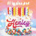 Personalized for Henley elegant birthday cake adorned with rainbow sprinkles, colorful candles and glitter
