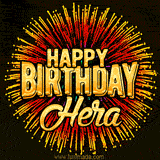 Golden 'Happy Birthday Hera' text accompanied by animated rainbow fireworks for a festive animated greeting.