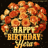 Animated bouquet of orange roses with moving butterfles and golden 'Happy Birthday Hera' text, surrounded by sparkling accents and a dark backdrop for a luxurious feel.