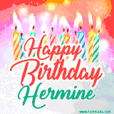 Bright birthday candles with rainbow flames on a cake, alongside the text 'Happy Birthday Hermine' in vibrant script in this celebratory animated GIF.