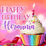 A vibrant birthday GIF featuring a rainbow-colored cupcake topped with white frosting, sprinkles, and a lit candle. The text reads 'Happy Birthday Herminia' in bold pink and violet letters with white outline.