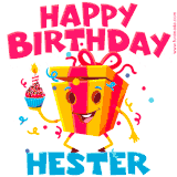 A vibrant and funny gift box character with a happy face dancing with a cupcake and the text 'Happy Birthday Hester,' surrounded by animated confetti and party vibes.