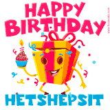 A vibrant and funny gift box character with a happy face dancing with a cupcake and the text 'Happy Birthday Hetshepsit,' surrounded by animated confetti and party vibes.