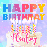 A vibrant animated name GIF with the words 'Happy Birthday Heulog' with colorful candles on a creamy cake. The background sparkles with pastel shades, adding a festive touch.