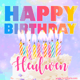 A vibrant animated name GIF with the words 'Happy Birthday Heulwen' with colorful candles on a creamy cake. The background sparkles with pastel shades, adding a festive touch.