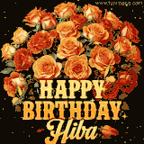 Animated bouquet of orange roses with moving butterfles and golden 'Happy Birthday Hiba' text, surrounded by sparkling accents and a dark backdrop for a luxurious feel.