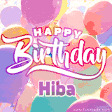 A vibrant name GIF featuring colorful balloons in shades of pink, orange, and yellow with the bold text 'Happy Birthday Hiba' in festive fonts, creating a lively birthday vibe.