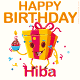 A vibrant and funny gift box character with a happy face dancing with a cupcake and the text 'Happy Birthday Hiba,' surrounded by animated confetti and party vibes.