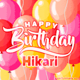 A vibrant name GIF featuring colorful balloons in shades of pink, orange, and yellow with the bold text 'Happy Birthday Hikari' in festive fonts, creating a lively birthday vibe.