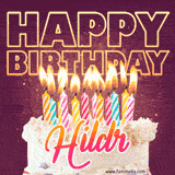 A colorful birthday cake topped with lit candles, with the words 'Happy Birthday Hildr' in bold glowing letters on a burgundy background. Animated flames add a festive touch.