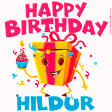 A vibrant and funny gift box character with a happy face dancing with a cupcake and the text 'Happy Birthday Hildur,' surrounded by animated confetti and party vibes.