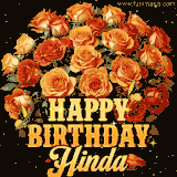 Animated bouquet of orange roses with moving butterfles and golden 'Happy Birthday Hinda' text, surrounded by sparkling accents and a dark backdrop for a luxurious feel.