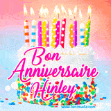 A white birthday cake covered in colorful sprinkles, topped with bright candles, and French text 'Bon Anniversaire Hinley' on a pastel gradient background in an animated GIF.