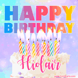 A vibrant animated name GIF with the words 'Happy Birthday Hiolair' with colorful candles on a creamy cake. The background sparkles with pastel shades, adding a festive touch.