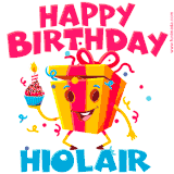 A vibrant and funny gift box character with a happy face dancing with a cupcake and the text 'Happy Birthday Hiolair,' surrounded by animated confetti and party vibes.