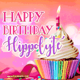 A vibrant birthday GIF featuring a rainbow-colored cupcake topped with white frosting, sprinkles, and a lit candle. The text reads 'Happy Birthday Hippolyte' in bold pink and violet letters with white outline.