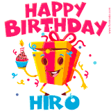 A vibrant and funny gift box character with a happy face dancing with a cupcake and the text 'Happy Birthday Hiro,' surrounded by animated confetti and party vibes.