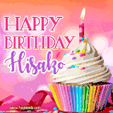 A vibrant birthday GIF featuring a rainbow-colored cupcake topped with white frosting, sprinkles, and a lit candle. The text reads 'Happy Birthday Hisako' in bold pink and violet letters with white outline.