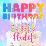 A vibrant animated name GIF with the words 'Happy Birthday Hodel' with colorful candles on a creamy cake. The background sparkles with pastel shades, adding a festive touch.