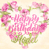 A stunning heart made of pink roses surrounds the elegant script text 'Happy Birthday Hodel' on a soft beige background. Animated sparkles add a magical and festive feel.