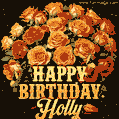 Beautiful bouquet of orange and red roses for Holly, golden inscription and twinkling stars