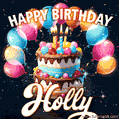 Hand-drawn happy birthday cake adorned with an arch of colorful balloons - name GIF for Holly