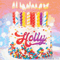 Personalized for Holly elegant birthday cake adorned with rainbow sprinkles, colorful candles and glitter