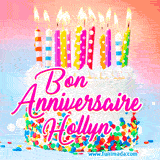 A white birthday cake covered in colorful sprinkles, topped with bright candles, and French text 'Bon Anniversaire Hollyn' on a pastel gradient background in an animated GIF.