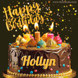 A delightful chocolate birthday cake with bright candles and 'Happy Birthday Hollyn' written in gold amidst a shower of animated stars.