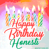 Bright birthday candles with rainbow flames on a cake, alongside the text 'Happy Birthday Honesti' in vibrant script in this celebratory animated GIF.