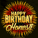 Golden 'Happy Birthday Honesti' text accompanied by animated rainbow fireworks for a festive animated greeting.