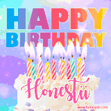A vibrant animated name GIF with the words 'Happy Birthday Honestii' with colorful candles on a creamy cake. The background sparkles with pastel shades, adding a festive touch.