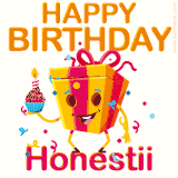 A vibrant and funny gift box character with a happy face dancing with a cupcake and the text 'Happy Birthday Honestii,' surrounded by animated confetti and party vibes.