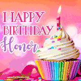 A vibrant birthday GIF featuring a rainbow-colored cupcake topped with white frosting, sprinkles, and a lit candle. The text reads 'Happy Birthday Honor' in bold pink and violet letters with white outline.