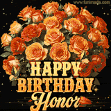 Animated bouquet of orange roses with moving butterfles and golden 'Happy Birthday Honor' text, surrounded by sparkling accents and a dark backdrop for a luxurious feel.