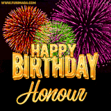 A golden 'Happy Birthday Honour' message with vibrant fireworks in the background, creating a festive and celebratory vibe in this animated name GIF.