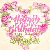 A stunning heart made of pink roses surrounds the elegant script text 'Happy Birthday Honovi' on a soft beige background. Animated sparkles add a magical and festive feel.