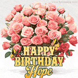 Golden 'Happy Birthday Hope' text beneath a vibrant bouquet of orange roses, complete with glittering butterflies and sparkling details.