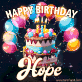 Bright birthday animation for Hope with a chocolate cake, candles, balloons, and glowing celebratory lights.