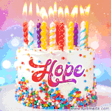 A cheerful white birthday cake with multicolor sprinkles, lit candles, and 'Hope' written in vibrant letters, in an animated GIF.