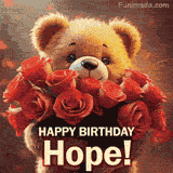 Cinematic style cute animated teddy bear with charming features holding a large bouquet of red roses, the words say 'Happy Birthday Hope' in sans serif font.