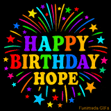 Personalized greeting card with name, colorful text that says 'Happy Birthday Hope' surrounded by animated fireworks and multicolor stars