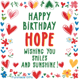 A colorful animated card for Hope’s birthday featuring playful hearts, cheerful flowers, and a handwritten message wishing smiles and sunshine.